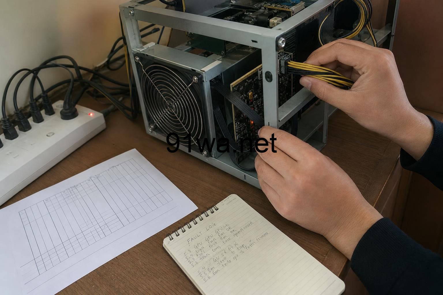 巡检第一台矿机时，先把收益预估表和故障记录本放在旁边